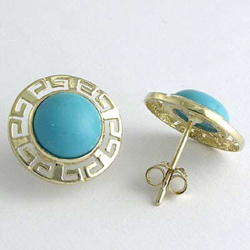 14K SOLID GOLD ROUND TURQUOISE GREEK KEY EARRINGS #E507