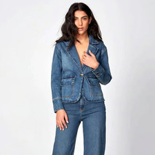 Women  s Stretch Denim Blazer Business Casual Blue M 6-8 NWT