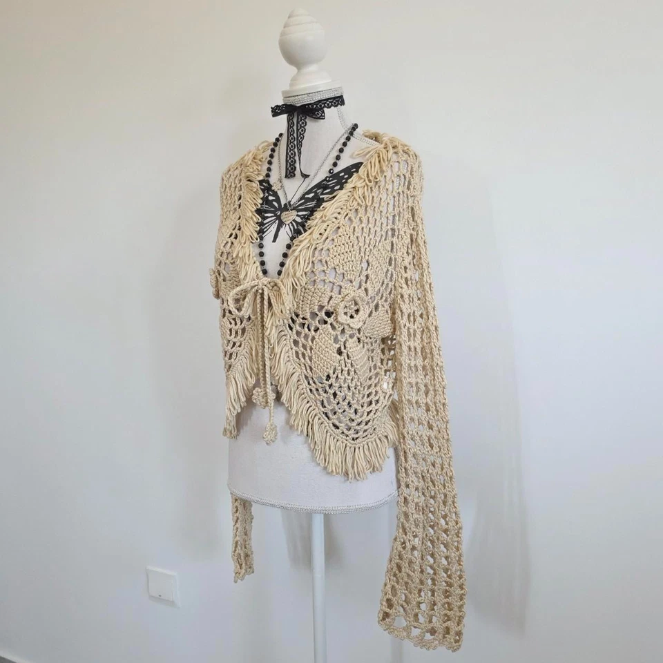 Cárdigan vintage beige crochet manga larga hada fairycore boho chic corbata delantera S Foto 4 de 4