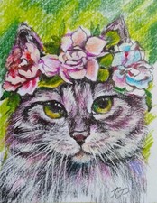 ACEO cat watercolor pencil by the author original 3,5