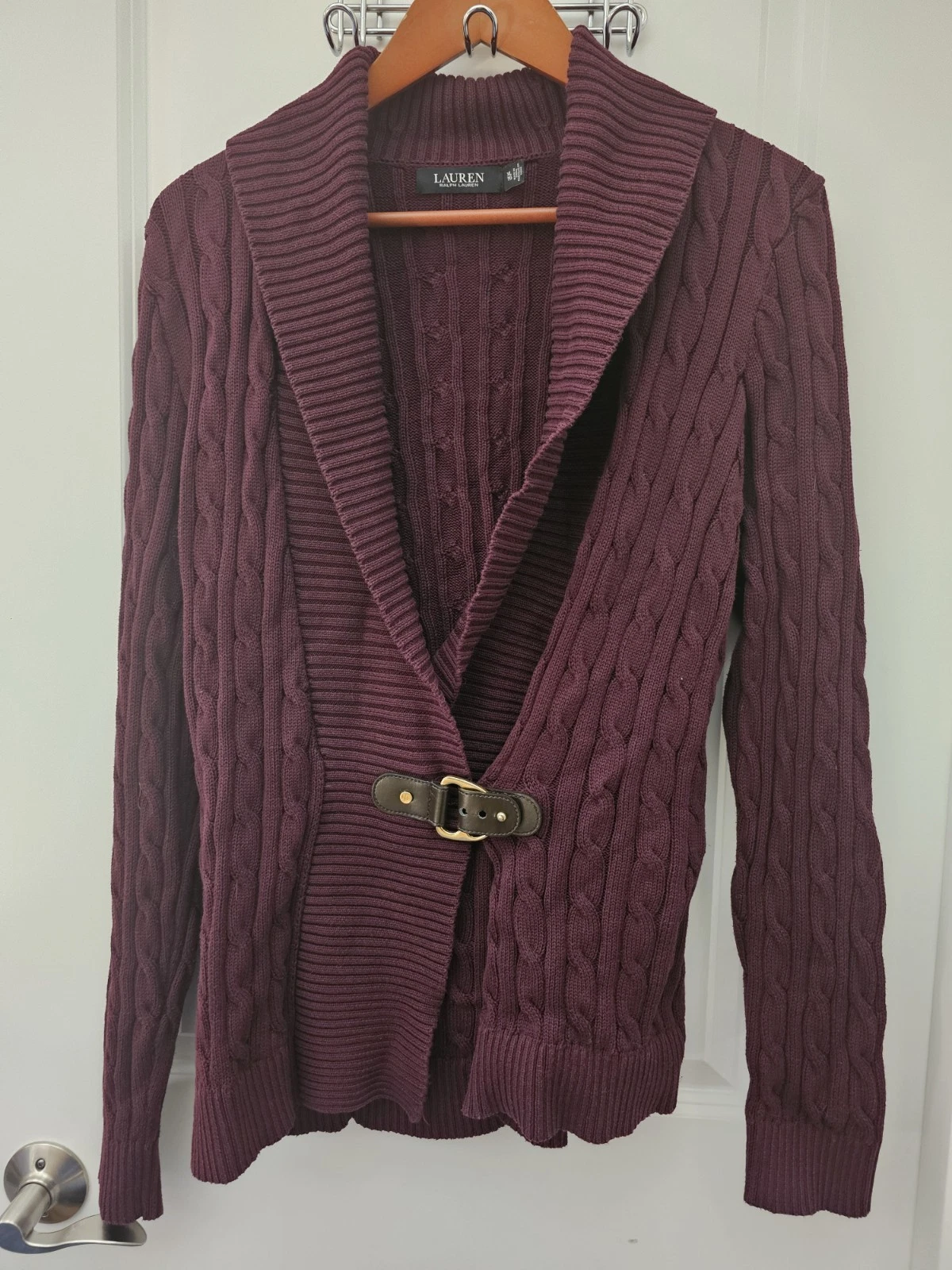 Ralph Lauren Burgundy Cable Knit Cardigan Sweater Leather Belted Shawl Collar XL