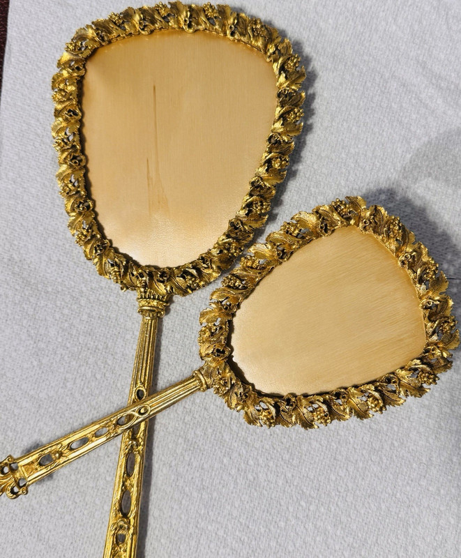Vintage Gold Tone Ornate Hand Mirror & Hair Brush Vanity Set Floral Trim