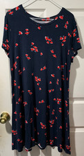 Amazon Essentials Navy w Red Floral Print Viscose Short Sleeve Dress Women's L