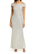 Vince Camuto Gown Maxi Dress Womens Size 10 Off-the-Shoulder Sequin Gray White