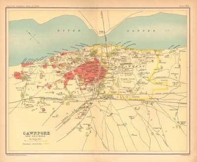 Cawnpore/Kanpur Stadtplan. Schlüsselgebäude Cantonment. Britisch Indien 1909 Karte