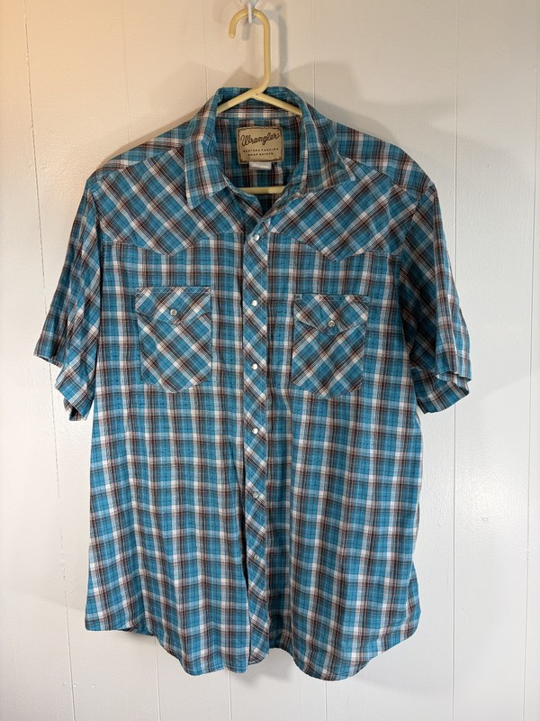 Mens Wrangler Western Shirt XL Blue Plaids S/S Cot/poly Snaps Rodeo Rockabilly