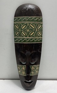 Vintage Hand Carved Wooden Mask Wall Decor 20 Inch Tribal Style Geometric Green