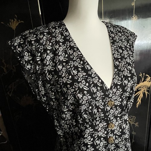LOFT Dress Womens Sz 6 Black White Linen Blend Floral A-Line Midi V-Neck Peasant - Picture 4 of 23