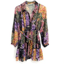 Zara Floral Patchwork Mini Dress Size L Button Up Long Sleeve Tie Waist Cottage