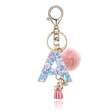 Resin Alphabet Initial Letter Keychain Keyring for Women Pink Fur Ball Letter a