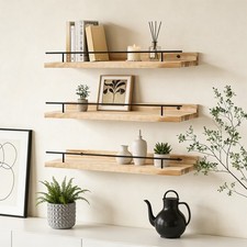 Set of 3 Floating Wall Shelf Rustic Solid Wooden Shelves Storage with Metal Rail