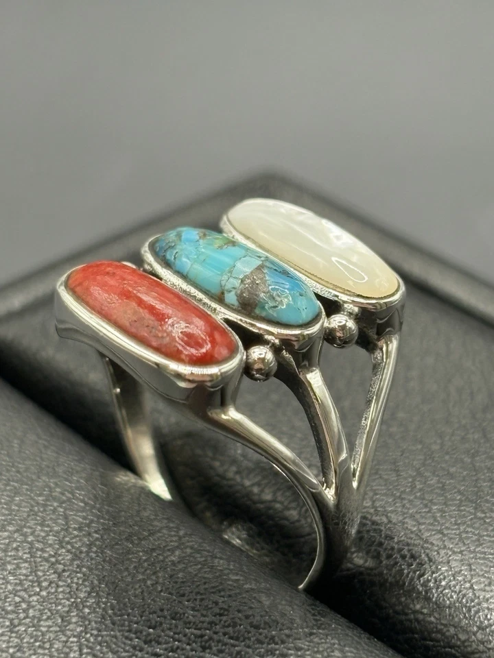 Anillo Coral Turquesa Perla Madre Plata Esterlina Nuevo Estado Talla 7 Foto 4 de 4