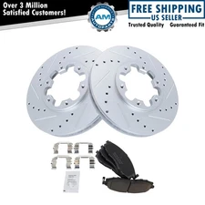 Front Ceramic Disc Brake Pad & Performance Drilled Slotted Coated Rotor Kit New