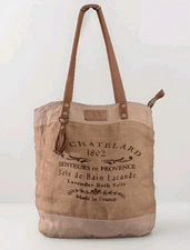 Myra Burlap Tote Bag French Print Leather Straps Tassel 16x14.5x3.5 VTG
