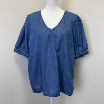 Draper James Blue Chambray V-Neck Puff Sleeve Ruffle Cuff Cotton Top XXL