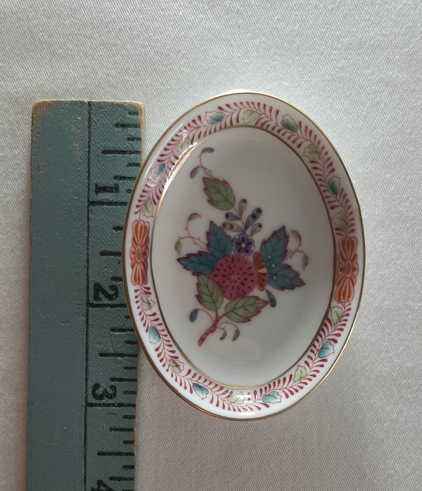 Herend Hungary Small Multicolor Flower Trinket Pin Dish  3” x 2-1/2” x 1/2” 