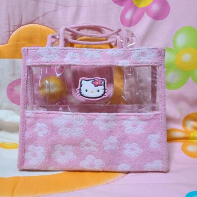 Sanrio Vintage Hello Kitty Flower Pink Vinyl Tote Bag Towel Fabric