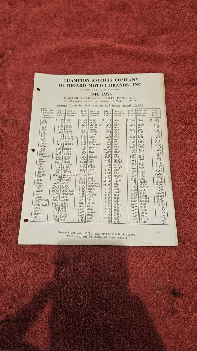 Vintage 1946-54 Champion Outboard Boat Motor Master Numerical