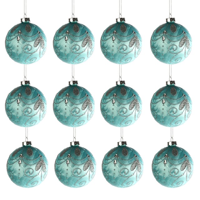 Jingles Box of 12 Luxury 80mm Glass Christmas Tree Baubles Turquoise