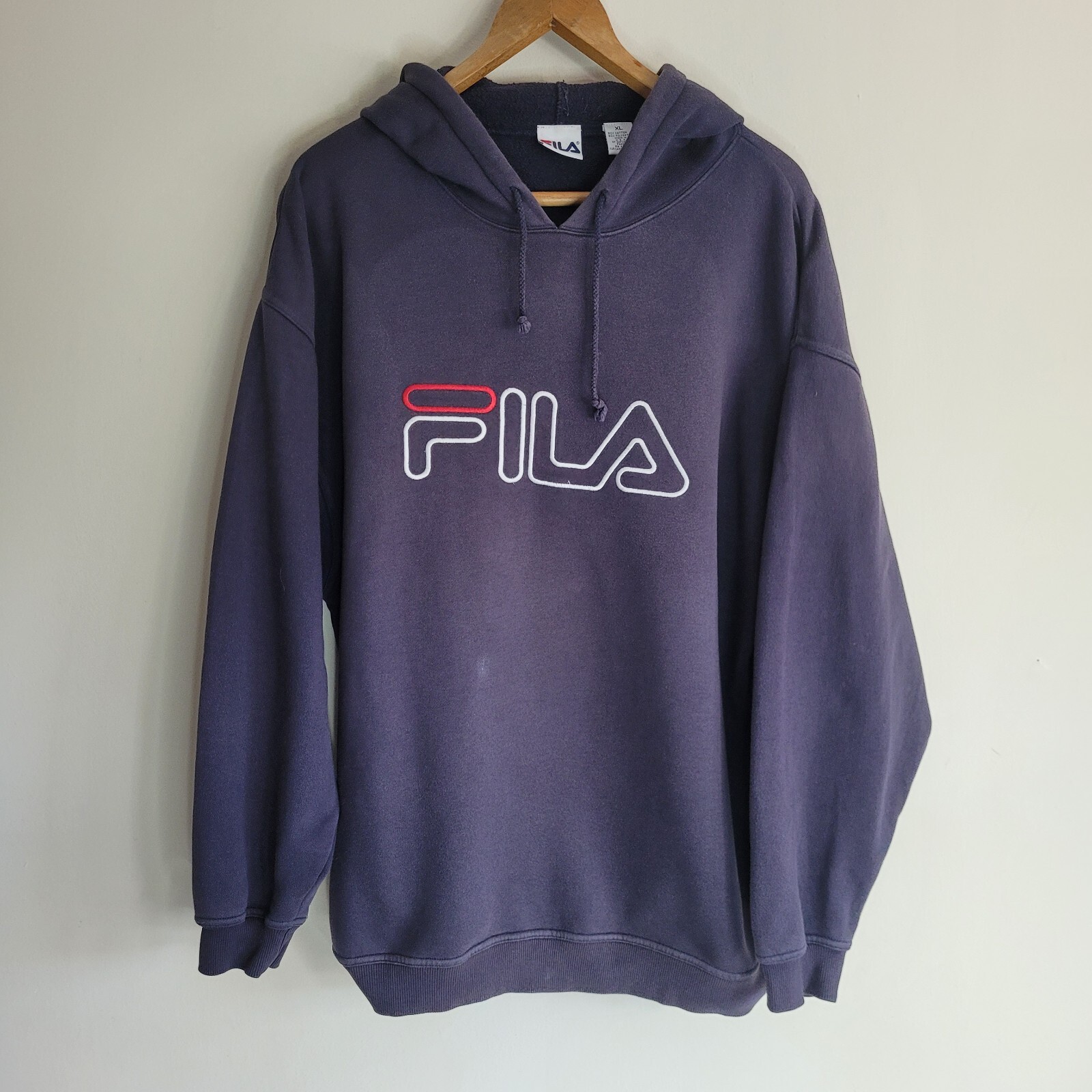 FILA Uomo Vintage Felpa con Cappuccio Blu Ricamato Spellout Made in USA Pullover Taglia XL