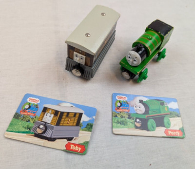 Thomas the Train TOBY Tram Car Wooden Railway Tank Engine + PERCY 2003 w/ cards