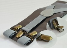 Grey Gray Elastic Suspenders Braces Bronze Metal Clips for Men / Boy / Baby