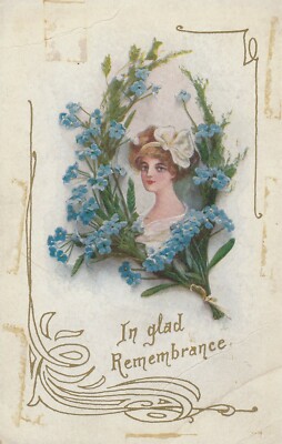 Vintage Postcard Woman with Forget Me Not Flowers In Glad Remembrance