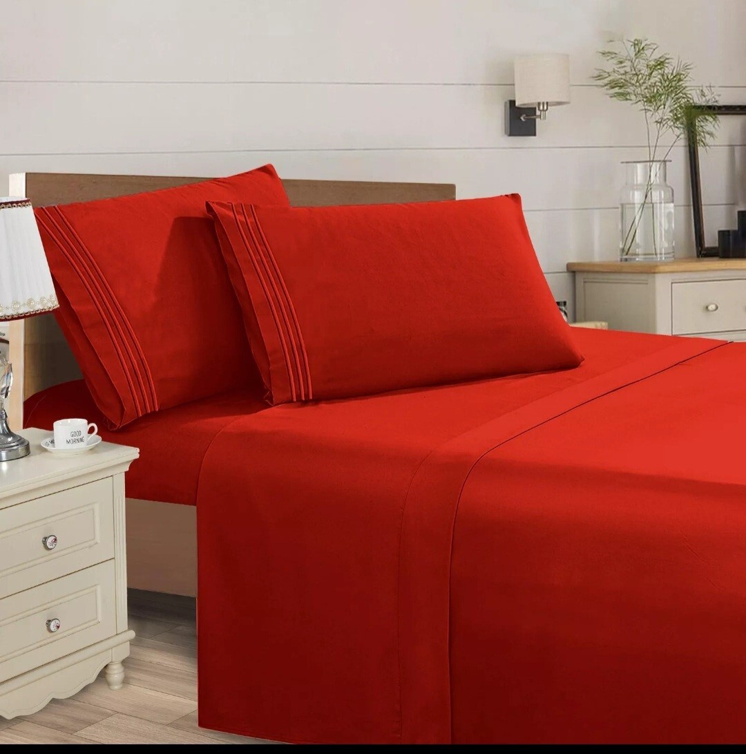 Elegant Comfort Essential 4-Piece 3-Line Embroidery Sheet Set.