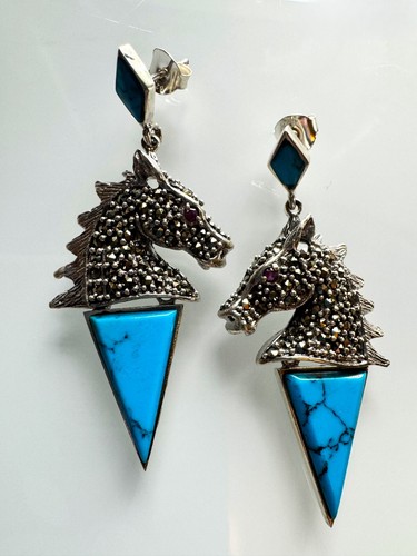 Stunning Earrings, Stud, Dandle, 925 Sterling, Horse, Turquoise, Ruby, Marcasite - Picture 2 of 4
