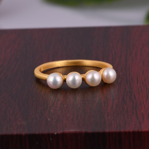 Multi Pearl Silver Ring, Gold Plated Stackable Pearl Ring Multi Stone Women Band - Picture 4 of 9