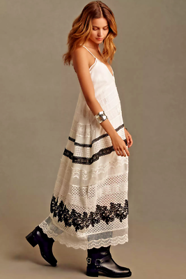 ANTHROPOLOGIE EMBROIDERED SLEEVELESS V-NECK LACE MIDI SLIP DRESS IVORY  BLACK XL | eBay
