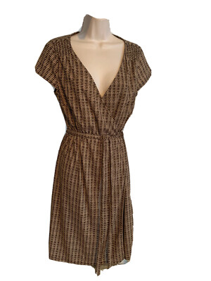 Ann Taylor Loft sarong wrap dress brown tan print jersey knit 10 | eBay