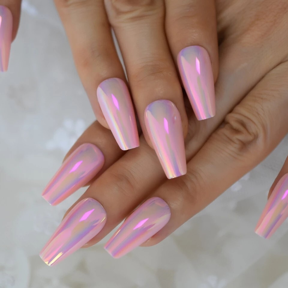 24 Pink Chrome Press on nails kit holographic long coffin with glue