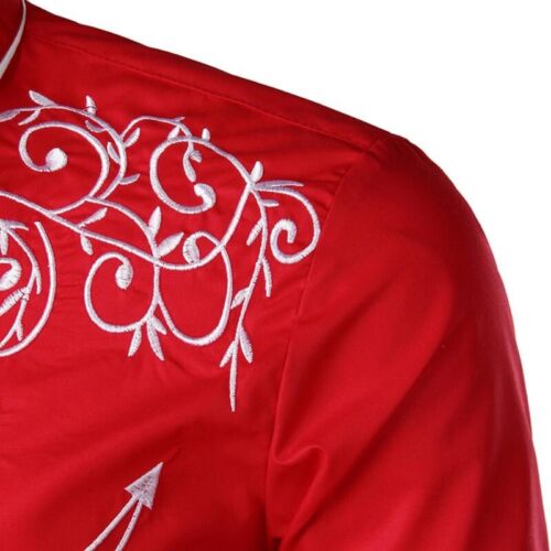 Men Embroidery Shirt Tops Western Cowboy Casual Cotton Button Down Vintage Slim - Picture 7 of 16