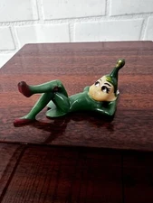 Vintage 2” Reclining Pixie Christmas Elf Miniature Figurine Green Hat Red Shoes