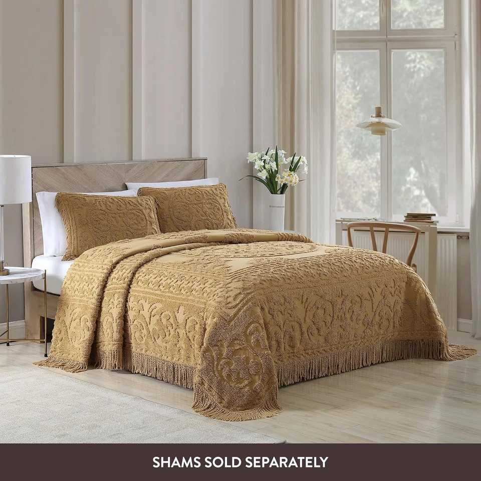 Medallion Chenille Bedspread, Queen, Gold - Image 3 of 3