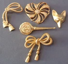 Vintage 1990s Big Bold Brooches Gold Tone Ribbed Rope Heart Fox Key Scepter LOT
