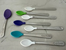 8 Vintage Gerber Soft Bite Tips Spoons Stainless Handle Yellow White Purple Blue