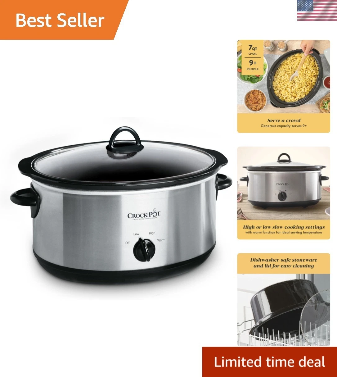 7-Quart Family Size Slow Cooker with Removable Stoneware - Easy Setup & Clean