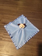 Baby Essentials Blue Satin Puppy Dog Security Blanket Lovey Rattle Toy Brown Eye