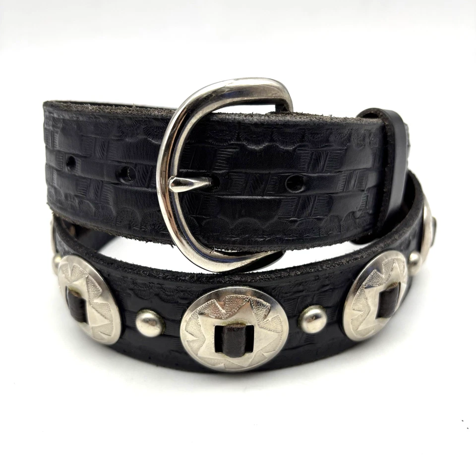 复古 80 年代手工黑色工具真皮 Concho 铆钉皮带 30-34 — 第 2/4 张图片