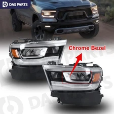 Full LED Headlight Assembly w/DRL Reflector Chrome Bezel For 2019-2023 RAM 1500