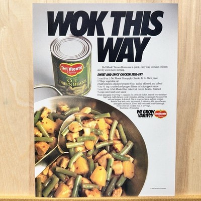 1990 Del Monte Canned Vegetables Stir Fry Wok Green Beans Vintage Print Ad Food 