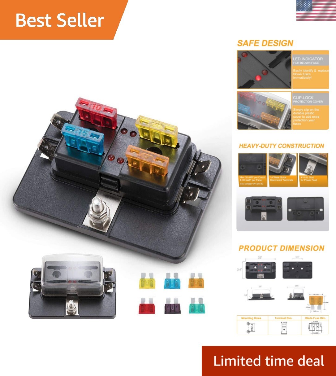 Heavy Duty 4-Way Fuse Block Holder with LED Indicator & 12 Blade Fuses Included