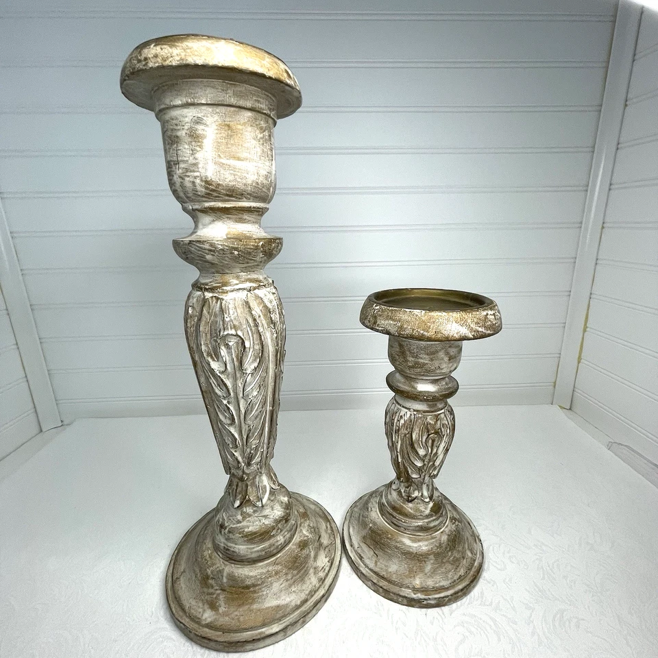 Garden Ridge Hand Carved Wood Pillar Column Candle Holders 15" , 9.5" Set of 2 - Image 3 of 4