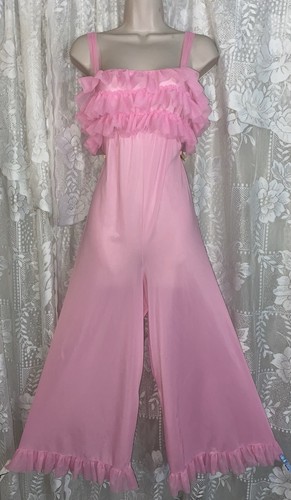 Vtg RARE M L PINK Soft Nylon PALAZZO Romper Jumpsuit Nightgown w Chiffon RUFFLES