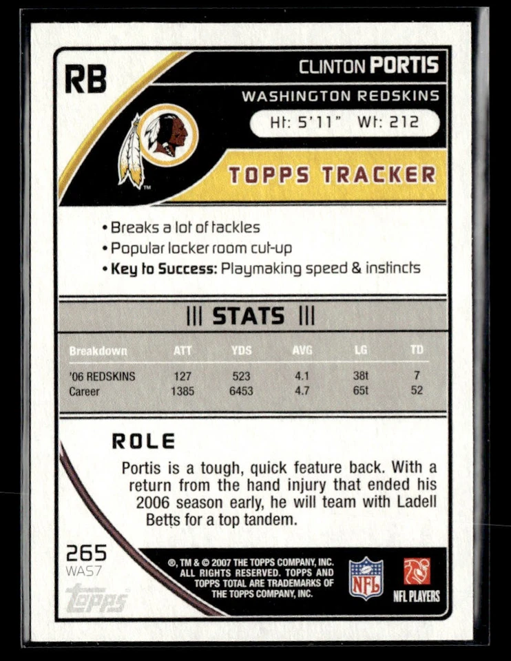 2007 Topps Total #265 Clinton Portis Blue Card Washington Redskins - Image 2 of 2