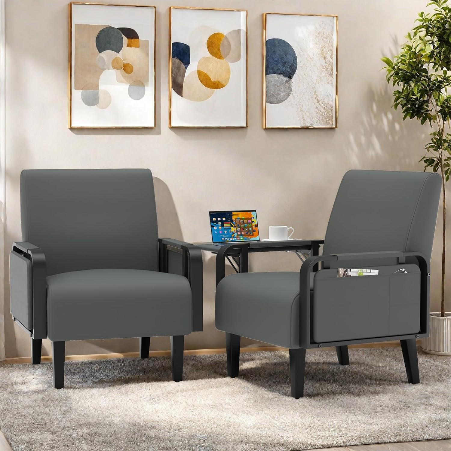 Modern Faux Leather Accent Chair with Tray Table - Gray Upholstered Armchair