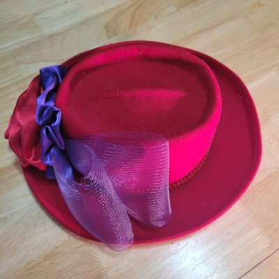 red dress purple hat Lady's Hat Red Hat Society 100% Wool Red & Purple Tulle & Satin Bow  Grandmacore