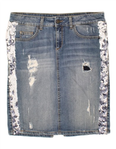 LIU JO Womens Graphic Distressed Denim Skirt W29 Medium Blue Striped BJ71